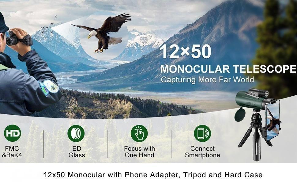 ThreePigeons™ 12x50 ED Monocular Telescope with Phone Adapter